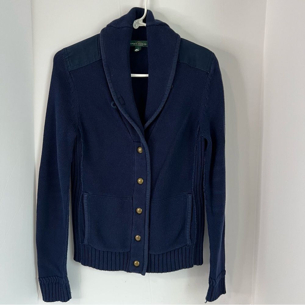 Lauren Ralph Lauren Shawl Nautical Blue Cardigan Elbow Patch Women Sweater Sz S